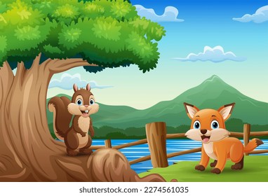 Cartoon fox and squirrel in the jungle