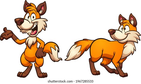 Cartoon fox standing in two and four legs. Vector clip art illustration with simple gradients. Each on a separate layer. 
