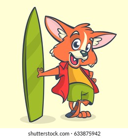 Cartoon fox surfer with surfboard. Vector illustration
