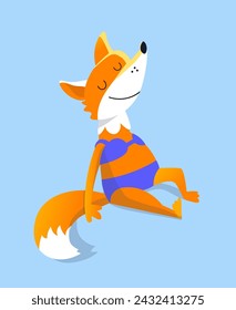 Cartoon fox in swimming costume on beach in summer. Cute character in flat style. Vector flat isolated illustration on blue background.
