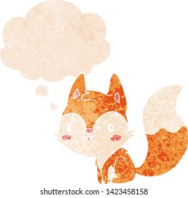 cartoon fox with thought bubble in grunge distressed retro textured style