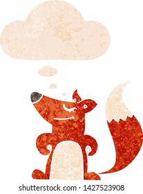 cartoon fox with thought bubble in grunge distressed retro textured style