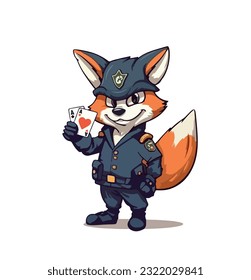 Cartoon fox in uniform with a smile and playing cards in his hands. Vector illustration