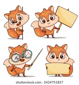 A cartoon fox, in various poses holding a sign. Its orange fur and expressive gestures add charm to the artwork. Vector