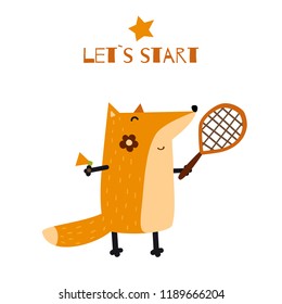 Cartoon fox vector illustration. Card with cute athlete fox