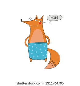 Cartoon Fox vector poster. Hand drawn cartoon animals vector illustrarion. Cute character animals in shorts. Coloring print for children with fox.