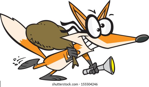 Cartoon fox wearing a mask and carrying a bag and flashlight