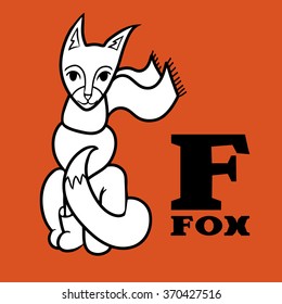Cartoon fox wearing scarf and boots. Letter F. Part of animals alphabet. Black and white coloring.