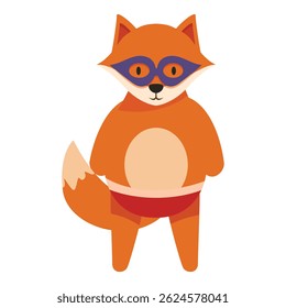 Cartoon fox wearing superhero costume with mask and red shorts, standing upright on white background