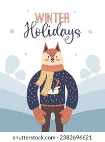 Cartoon fox with winter clothes illustration. Funny animal character in sweater. Celebration postcard.
