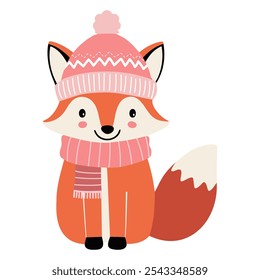 Cartoon fox in winter clothes. Illustration with hand drawn doodle fox. Thickly clothed pet. 