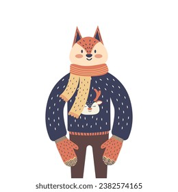 cartoon fox with winter clothes on white background. fox isolated. flat fox isolated.