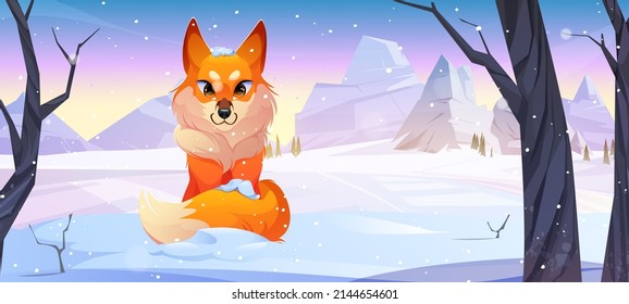 Cartoon fox in winter forest, beautiful wild animal with ginger fur on nature background with falling snow, bare trees and mountain peak. Wood landscape with zoological character, Vector illustration