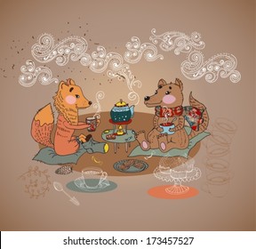Cartoon fox and wolf tea time background, Vector