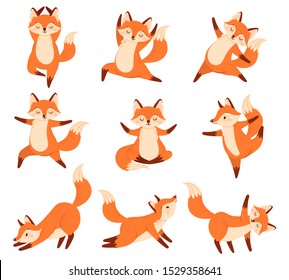 Cartoon fox in yoga poses. Healthy gymnastics, breathing exercises and sport animal mascot. Foxes fitness sport, animals gymnast character. Isolated vector illustration icons set