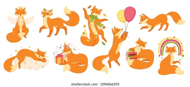 Cartoon foxes, cute red fox sleeping, sitting or jumping. Funny forest animals, wildlife animal mascot characters in various poses vector set. Adorable fox holding balloons, enjoying autumn leaves