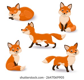  of cartoon foxes in diverse poses, sleeping and curled up, standing, walking, two seated foxes with playful looks.