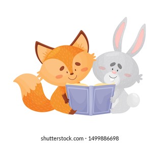 Cartoon foxes and a hare are reading a book. Vector illustration on a white background.