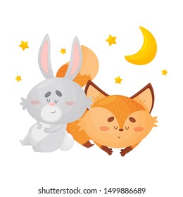 Cartoon foxes and a hare sleep together. Vector illustration on a white background.