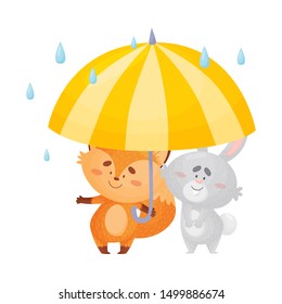 Cartoon foxes and hare under an umbrella. Vector illustration on a white background.