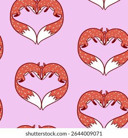 Cartoon foxes in heart shape childish seamless pattern design. Vector illustration