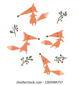Cartoon foxes are playing. On a white background