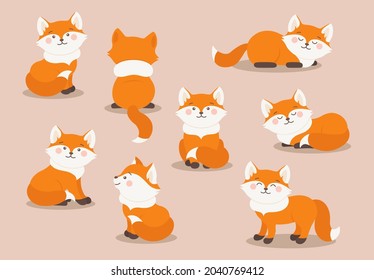 Cartoon Foxes set in different poses. Vector Forest fox animal sits, lies, turned back and smiles. Orange fox collection for baby or child clothes, fabric, textile and more. Autumn fox clipart design

