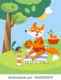 Cartoon foxes in swimming costume on beach in summer. Cute characters in flat style. Vector flat illustration on background. Scene for design.