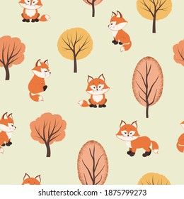 Cartoon foxes in the woodland. Seamless autumn forest pattern with cute animals.