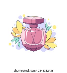 Cartoon fragrance perfume bottle with flowers isolated on white background. Glamour pink tenderness parfum smell cosmetic care aromatherapy vector graphic illustration