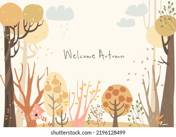 Cartoon Frame with Autumn Color Trees and Bushes