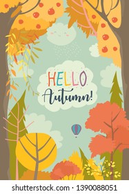 Cartoon frame with autumn forest. Hello autumn