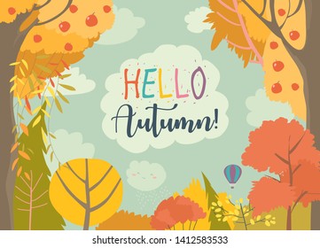 Cartoon frame with autumn forest. Hello autumn