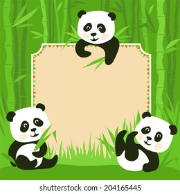 Cartoon frame - bamboo & three little pandas illustration 