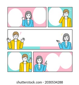 Cartoon frame based. A man in plain clothes and a woman in a suit.