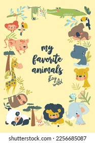 Cartoon Frame with Cute Animals from Different Continents