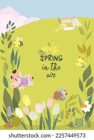 Cartoon Frame with Cute Baby Insects, Spring Flowers and Plants