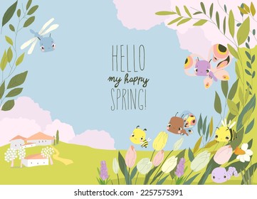 Cartoon Frame with Cute Baby Insects, Spring Flowers and Plants