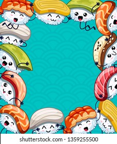 Cartoon frame with funny sushi. Template for advertising brochure. Ready for your message. Funny cartoon character. Vector illustration 