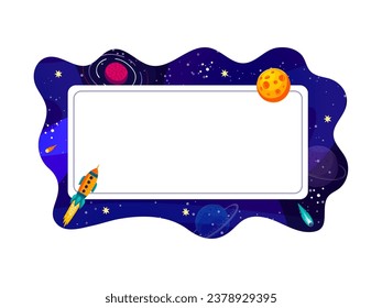 Marco de dibujos animados con paisaje del espacio de galaxia, cohetes y planetas, fondo vectorial. Copiar el borde del marco espacial con la nave espacial en cielo estrellado con el planeta alienígena, la luna y los asteroides galácticos en el espacio ultraterrestre