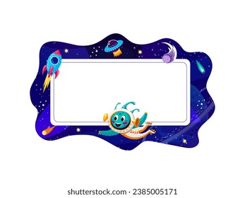 Cartoon frame with galaxy space landscape and funny alien character, UFO, rocket and comets. Vector starry space frame border with alien galaxy planets, cute martian, stars and fire asteroids