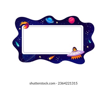 Marco de dibujos animados con planetas espaciales galaxiales y cohetes en el cielo, fondo del espacio de copia vectorial. Nave espacial galaxia con OVNI alienígena, planetas galácticos, cometas y asteroides en cielo estrellado, borde marco cósmico