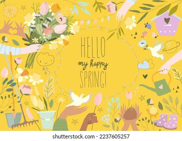 Cartoon Frame with Hands and Bouquets Of Spring Flowers