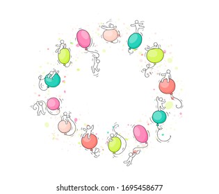 Cartoon frame - happy people on air balloons. Doodle cute circle poster with space for text. Hand drawn cartoon vector illustration for celebration design.