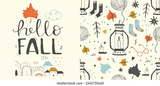 Cartoon frame. Hello Fall. autumn illustration and seamless pattern 
 with autumn objects. Vector templates for card, poster, flyer, cover and other use. Trendy retro style