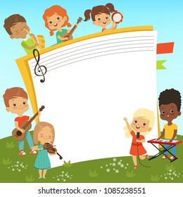 Cartoon frame with musician childrens and empty place for your personal text