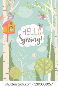 Cartoon frame with spring forest and birds