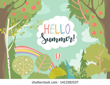 Marco de caricatura con bosque de verano y arco iris
