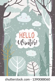 Cartoon frame with winter forest. Hello winter