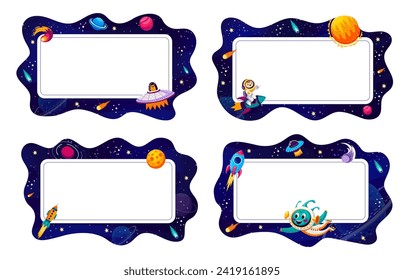 Cartoon frames with galaxy space landscape and funny characters of kid astronaut and alien. Vector frame borders set with starry space sky, UFO, rockets, planets and stars, Sun, comets and nebulae